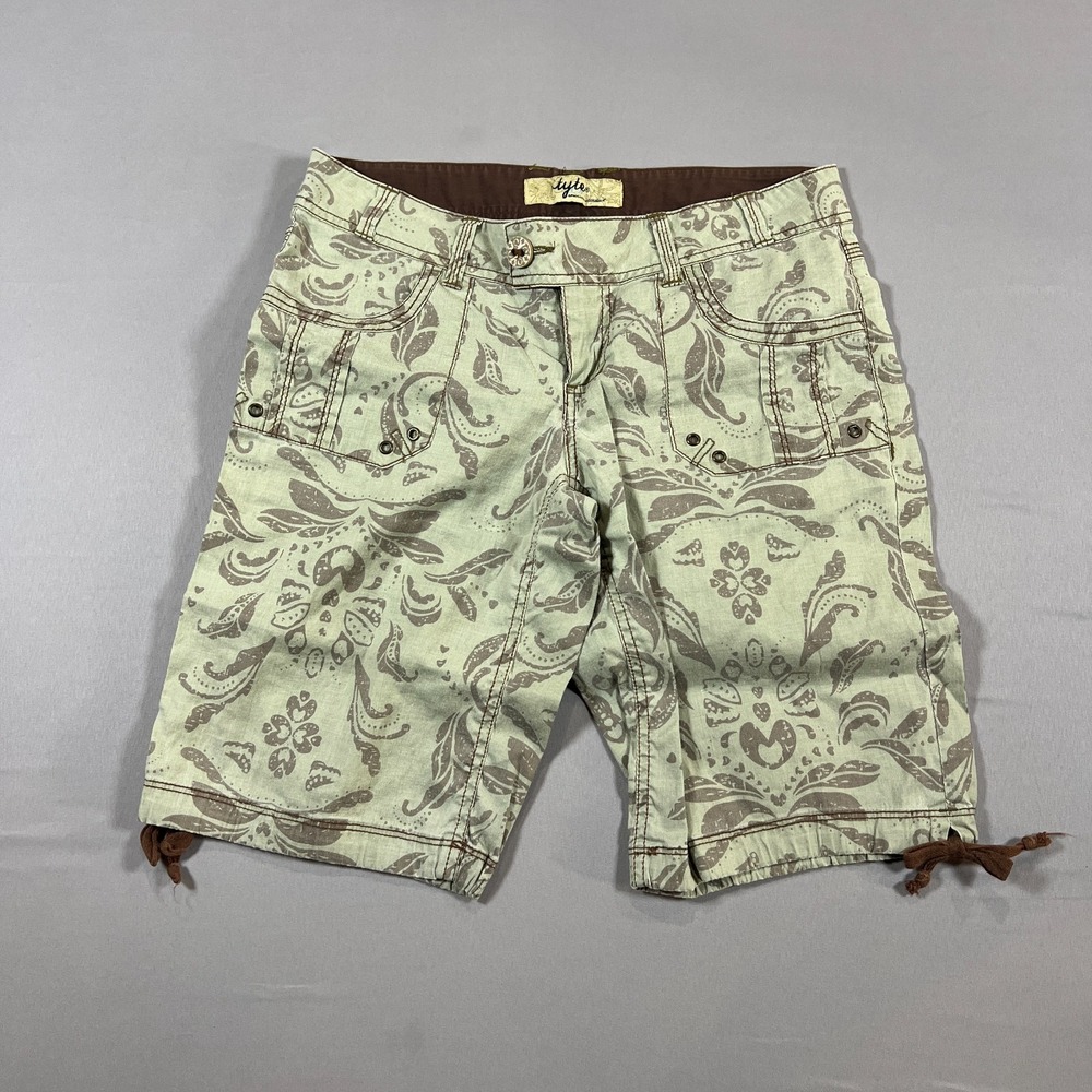 Tyte Bermuda Shorts Womens 5 Olive Green Cotton Stretch Paisley Print Zip Fly